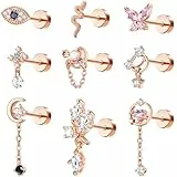 Kakonia 9 Stück 16G Helix Piercings für Damen Chirurgenstahl Ohr Piercing Schmetterling Tragus Piercing Roségold Dangle Flat Piercing Ohrstecker Knorpel Helix Tragus Conch Ohrringe Set