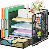 Marbrasse 4-Tire Schreibtisch Organizer mit Aktenhalter, Mesh Schreibtisch Dokumentenablage mit Stiftehalter und Schublade, Büro Organizer Aufbewahrung für Schreibtisch Zubehör & Ablage (Schwarz)