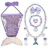 OSDUE 7 Pcs Meerjungfrau Kinder Schmuckset Mädchen, Kinderschmuck mit Pailletten Geldbörse Meerjungfrau, Halsketten, Ohrringe, Armbänder, Ringe, Haarspange, Geschenke für Mädchen