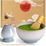 Goodwei Matcha Set komplett mit Matchabesen, Matcha Löffel und Matcha Schale aus Keramik mit Besenhalter im passenden Design | Kunstvoll gefertigte Teeschale Chawan (Moya, 80)