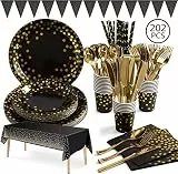 Aschef 202er Partygeschirr Geschirrset geschirr Set, Pappteller Papierteller Pappbecher Partyteller Servietten Tischdecke Besteck für Party Geburtstag Kindergeburtstag 25 Personen, Schwarzgold