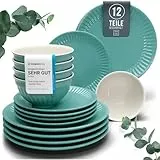 Steingut Geschirrset 4 Personen Hygge 12 tlg. TESTSIEGER, Traumhaftes Skandinavisches Steingut Geschirr Set, Schüssel- und Teller Set, Tafelservice 4 Personen, Geschirrsets Pure Living in Petrol