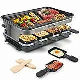 Raclette 8 Personen Grillplatte Antihaftbeschichtet Raclette Grill 4 6 Personen mit 8 Mini Raclette Pfännchen & 4 Holzspatel Stufenlos Regulierbare Temperatur 1500W Edelstahl