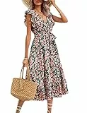 KOJOOIN Damen Sommerkleid Kurzarm Maxikleid Lange Wickelkleid Volant Kleid Rüschen Strandkleid V-Ausschnitt Elegante Blumenkleid mit Gürtel (Verpackung MEHRWEG), A-Blumen-Dunkelblau, S