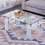 GOLDFAN Couchtisch Glas Rechteckiger Wohnzimmertisch Glas Couchtisch Weiß Hochglanz Kaffetisch Glastisch für Wohnzimmer