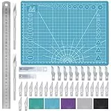Miuzei Schneidematte Set A4 mit 30stk Bastelmesser und Stahllineal,Selbstheilende Bastelunterlage Schneideunterlage Cutting Mat Basteln Zeichenunterlage Bastelskalpell Bastelmatte (Blau)