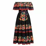 Odizli Sommerkleid Damen Lang Elegant Sexy Mexikaner Mexikanisches Hawaii Bohemian Boho Style Off Shoulder Blumenkleid Sommer Leicht A Linien Maxikleider Freizeitkleid Strandkleid Schwarz Rot XL
