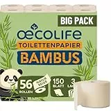 œcolife Toilettenpapier Bambus, 56 Rollen à 150 Blatt, 3-lagig, superweich, von Dermatest geprüft, nachhaltiges Klopapier, sanft zur Haut, beiges Papier