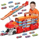 VATOS Dinosaurier Transport Truck - 2 in 1 Auswurf Folding Portable Track Auto Spielzeug Mit 8 Race Cars, Träger Fahrzeuge Set für Kinder Jungen 3-5 Jahre Alt