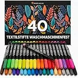 40 Textilstifte Waschmaschinenfest - Textilfarbe Waschmaschinenfest - Ungiftig, Waschfeste und Permanente Stoff Marker ideal für T-Shirts, Stofftaschen und andere Textilien - Für Kinder und Erwachsene