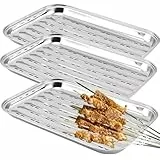 3 Stück BBQ Grillschalen, 34,9 X 24,5 X 2,7cm Grillschale Edelstahl, Grillschale Wiederverwendbar, Rechteckiger Grillschale für Gemüse Fisch oder Fleisch für Gas-, Elektro- und Holzkohlegrill