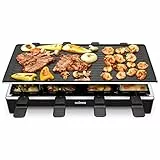 Cusimax Raclette Grill mit Reversible Grillpfanne, Steuerung Partygrill für 8 Personen,Stufenlos Regulierbare Temperatur, 8 Mini Pfännchen, Antihaftbeschichtung, CMRC-300, 1500W, Schwar
