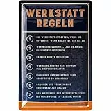 LANOLU Retro Blechschild Werkstatt Schild - lustige Werkstattregeln für Männer mit den 7 wichtigsten Regeln für die Werkstatt - KFZ Mechaniker Geschenk - vintage Deko Metallschild 20x30cm