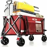 Overmont Faltbar Bollerwagen Klappbar Handwagen - Alle Gelände Breite Räder - 150L mit Seitentaschen Getränkehalter Verstellbarem Griff - bis 150 kg Tragkraft - für Camping Sport Einkaufen Grün
