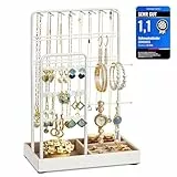 SONGMICS Schmuckständer, Schmuckhalter, Metallrahmen, Schmucktablett Samt, Schmuckaufbewahrung für Halsketten Armbänder Ohrringe Ohrstecker Ringe, Geschenkidee, weiß JJS021W01
