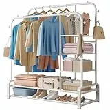 SMILOVII Kleiderständer, Freistehender Doppelte Stangen kleiderstange, mit 8 Haken, 3 Lagen Seitenablagen und 2 Lagen Schuhregalen, Multifunktionaler Garderobenständer in Weiß für das Schlafzimmer