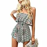 Ejoyous Sommer Trägerlose Shorts Jumpsuits Damen Casual Strampler Schulterfreier Playsuit für Den Urlaub(XL-Grün)