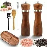 Salz und Pfeffermühle Holz Groß (21,5cm), 2er Set Verstellbarem Keramikmahlwerk Pfeffermühle, Massivholz Akazie Pfeffer und Salzmühle inkl. Untersetzer, Holzlöffel, Reinigungspinsel (21,5cm)