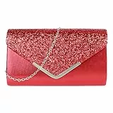 MEGAUK Damen Clutch Glitzer Elegant Abendtasche Glänzend Handtasche Envelope Tasche Strass Unterarmtasche mit Kette für Hochzeit Wedding Prom Party (Mode Rot)