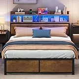 YITAHOME Bettgestell LED mit Kopfteil USB-Anschlüsse und Ladeausgänge Metallplattform-Bettgestell mit 2 Regalböden,Keine Matratze erforderlich,Braun 219X154CM