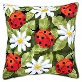Vervaco Kreuzstich Stickpackungen Kissen Stickerei Set Anfänger Vorgedruckt Marienkäfer DIY Set Kreativ Set Für Erwachsene Dekoratives Kissen ca. 40 x 40 cm Bastelset Handwerker Haus Dekoration