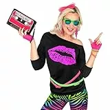 W WIDMANN MILANO Party Fashion - T-Shirt 80er Jahre Mode Girl, ärmelloses Shirt, Kiss Lips, Disco Fieber, Faschingskostüme