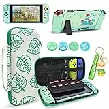 DLseego Tragetasche für Nintendo Switch, Zubehör Bundle für Switch Konsole mit Dockable Hart Cover Animal Crossing Hülle und Daumengriffkappen und Bär Charms - Grün
