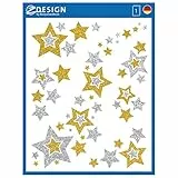 AVERY Zweckform 6 Fensterbilder Weihnachten Sterne gold/silber (Made in Germany, selbstklebende Fenstersticker, Weihnachtsdeko Fenster, Fensterfolie ablösbar, beglimmert) 1 Bogen/6 Aufkleber, 52952