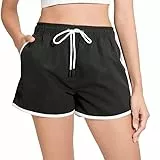 riemot Badeshorts Damen Schnelltrocknend, Strandshorts mit Elastischem Bund & Kordelzug, Schwimmshorts mit Netzfutter und Taschen, Sport- & Beach Shorts für Sommer,Schwarz,M