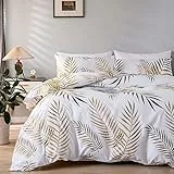 Nayoroom Bettwäsche 140x200 Weiß Gold Blätter Muster Bettbezug 2 Teilig Microfaser Botanisch Palmenblätter Bettwäsche Set Reißverschluss and Kissenbezug 70 x 90 cm