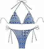 Ocean Plus Damen V-Ausschnitt Geblümt Triangel Bikini-Set mit Bügel Spaghetti Bademode Bandeau Slips mit Tunnelzug (M (EU 34-36), Königsblaues Muster)