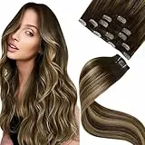 LaaVoo Clip in Extensions Echthaar Balayage Braun Echthaar Extensions Clip in Remy Menschenhaar Dunkelbraun Ombre Erdbeerblond Haarverlängerung Echthaar Extensions Clips 35cm 80g/5pcs