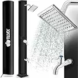 tillvex Solardusche 40 Liter inkl. Schutzhaube | Solar Garten-dusche warmes Wasser | Pooldusche Camping | ohne Stromanschluss | mit Wasserhahn und Regenduschkopf | Gartenschlauch-Anschluss | Schwarz