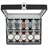 KILHS Uhrenbox mit 10 Fächern, Uhrenkasten mit Glasdeckel, Watch Box mit herausnehmbarer Unterlage, Metallverschluss, Geschenk, Schwarzes Kunstleder, Graues Innenfutter