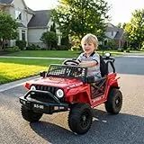 MAMIZO Kinder Elektroauto 12V 7Ah, Kinder Elektrofahrzeug, Elektrische Kinderauto mit 2 Motoren 12V, Fernbedienung, Geschwindigkeitsstufen, LED und Sicherheitsgurt, Musik, für 3-8 Jahren, 30KG, Rot