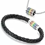 Aroncent Armband Halskette Schmuck Set, Edelstahl Regenbogen Rainbow Charms, Geflochten Leder Armband Armreif, Kette Handsband mit Anhänger