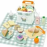 Masonbaby Kinderküche Spielküche Zubehör,Lebensmittel Küchenspielzeug Holz für Kinder,Obst Holzspielzeug mit multifunktionalen Aufbewahrungstasche,Lernspielzeug Rollenspiele Geschenk für Kinder