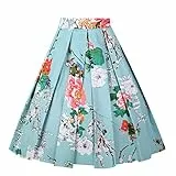 Girstunm Damen Faltenrock Vintage Blumendruck A-Linie Midi Röcke mit Taschen - Grün - 3X