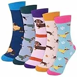 Riqiaqia 5 Paar Damen Socken Lustige Bunte Baumwolle Crew Socken mit Katze Hund Muster, Weihnachtsgeschenke für Damen Frauen, Einheitsgröße