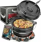 BBQ Dutch Oven [Das Original] - 7,4 Liter Dutch Oven Set mit Topfständer & 1,8 Liter Deckel mit Doppelfunktion zusätzlich als Grillpfanne nutzbar – inkl. Deckelheber und E-Book