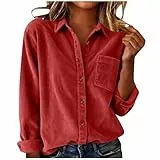 AACH Bluse Damen Baumwolle Cordbluse Einfarbig Revers Hemdbluse Casual Knopfleiste Langarmshirt Winter Frühling Cordjacke mit Taschen Blusen Vintage Elegante Blusenshirt Mode Sweatshirt