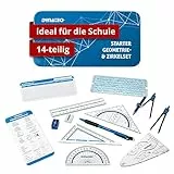 DynaTech Zirkel Set Geometrieset 14-Teilig - Starterset für die Grundschule - mit Zirkel, Geodreieck, Parabel, Bleistift, Lineal, Spitzer und Stundenplan in robuster Metallbox