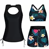 JASAMBAC BadeanzüGe FüR MäDchen,3-Teiliger Tankini Damen Bauchweg, Push-Up-Bikinioberteil Und High Waist Badeshorts, Einfache Badebekleidung, Sport-Bikini Badeanzug, Bademode FüR Schwimmbad, Strand
