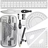 Akuoly Schulzirkel Geometriezirkel Mathematik Geometrie-Sets, mit 2pcs Zirkel, 2pcs Geodreieck, 15 cm Lineal und Winkelmesser, Schwarz