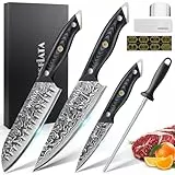 MOSFiATA Damastmesser Set 3 pcs, 8 Zoll Kochmesser, 7 Zoll Santokumesser, 3,5 Zoll Obstmesser, VG10 Damaszener Stahl，Geschenkset mit Fingerschutz und Tuch