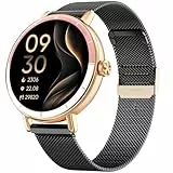 TOOBUR Smartwatch Damen Herren Rund mit Zwei Armbändern, 40 mm Fitness Sport Uhr, Schrittzähler Uhr Kompatibel mit Android und iOS, Anrufe Annehmen & Tätigen, IP68 Wasserdicht, Schwarz-Gold