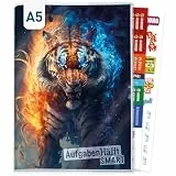 Häfft® Hausaufgabenheft A5 ohne Datum - immer sichtbarer Stundenplan, Softcover Aufgabenheft inkl. Schutzumschlag + Sticker 'Wild Tiger'
