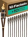 Praknu 10 Gartenfackeln für Draußen - Bambus Holz Braun 90cm - Lange Brenndauer - Nachfüllbar - Ink. 10 extra Dochten