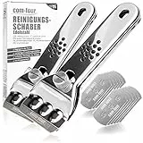 com-four® 2x Ceranfeldschaber mit 12 Ersatzklingen - Schaber aus rostfreiem Edelstahl für Kochfeld und Backofen - Zeranfeldkratzer Griff und Klingenschutz - Kochfeldschaber (02 Stück + 12 Klingen)