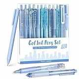 Four Candies Gelstifte, Schwarz & Blauer Gelschreiber mit Textmarker, Gel Pens Aesthetic School Stuff, Schulsachen Set mit 12 Stiften - Ozean Serie